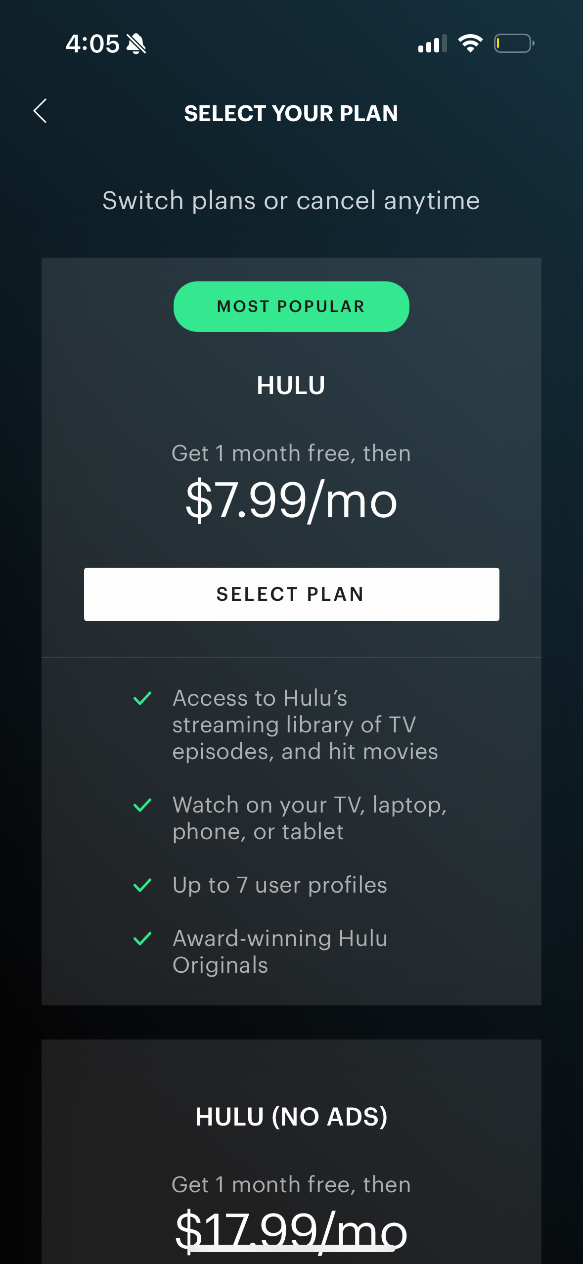 hulu pricing screenshot